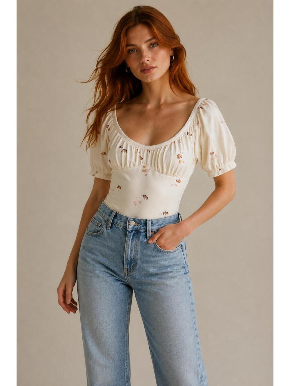 Free People Romantic Cottagecore Floral Bodysuit in Ivory | Size Small